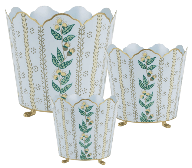 Havers Pale Blue & Gold Floral Ceramic Bucket Planters – Elegant Indoor Planter Cachepot (3 Sizes)
