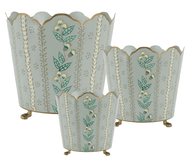 Havers Green & Gold Hand-Painted Floral Ceramic Bucket Planters – Decorative Cachepot (Set of 3 Sizes: S, M, L)