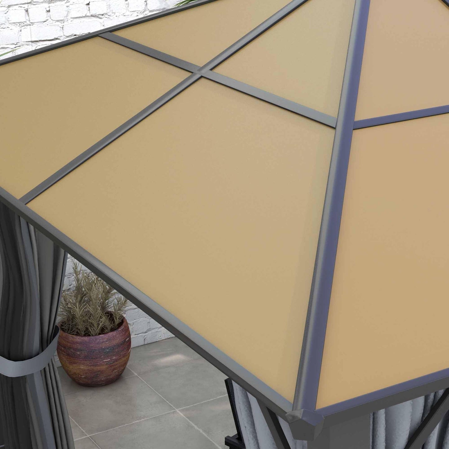 Close-up detail of tan polycarbonate roof panels and dark grey metal cross-bracing