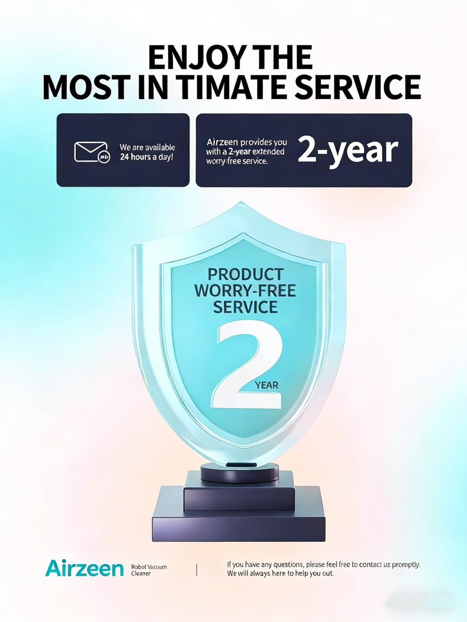 Blue shield trophy graphic that highlights a 2-year product worry-free service and 24/7 customer support