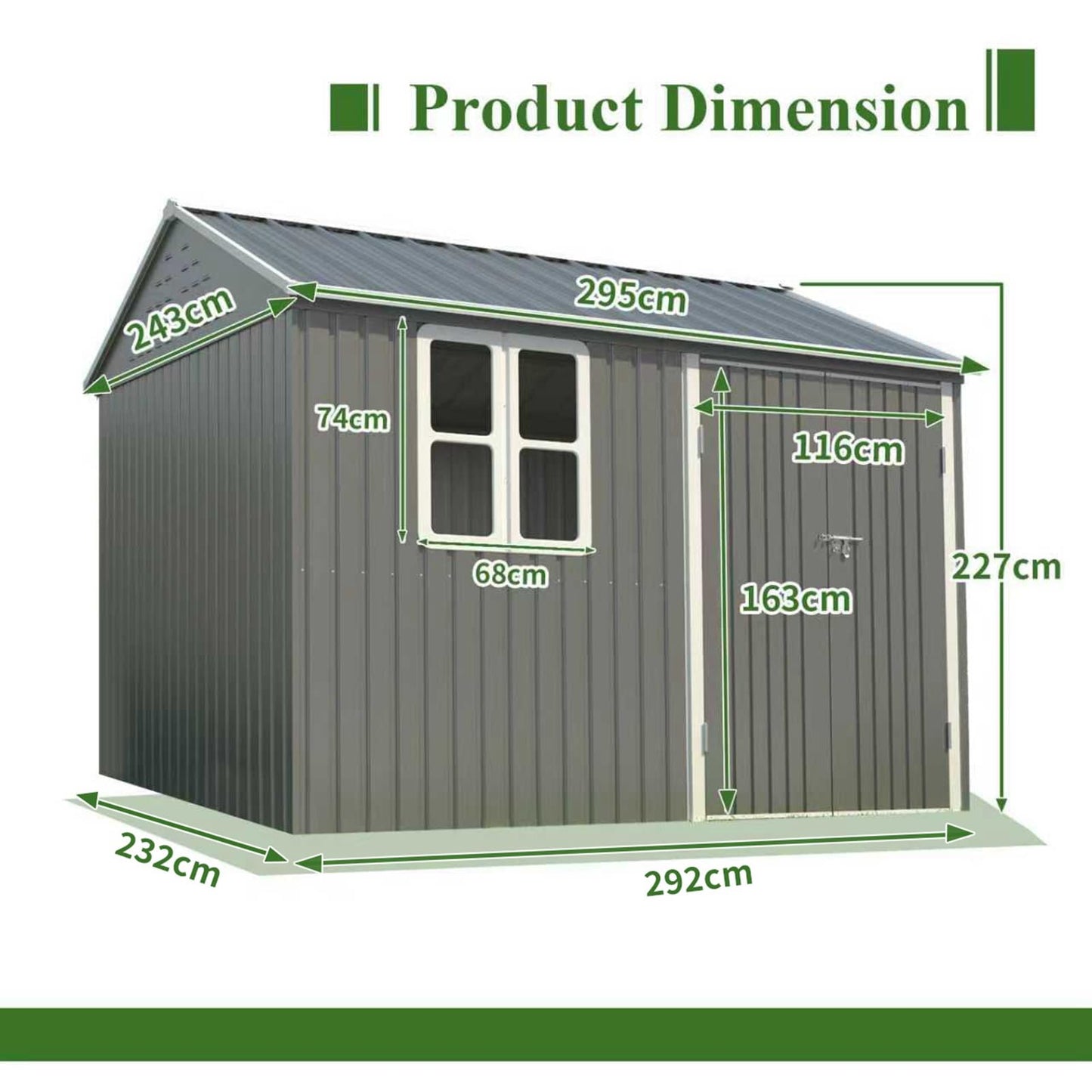 BIRCHTREE Garden Shed Steel Apex Roof House Outdoor Backyard Storage With Lockable Double Doors Window Free Foundation Tool Equipment Organizer Air Vents 10x8FT Grey
