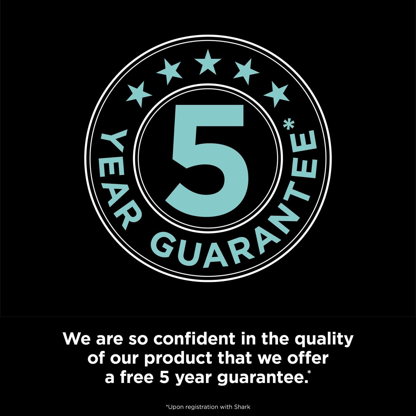 Circular '5‑year guarantee' badge graphic on a black background