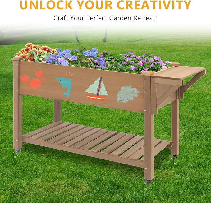 Havers Raised Garden Bed with Lockable Wheels Mobile Elevated Wood Planter, Storage
