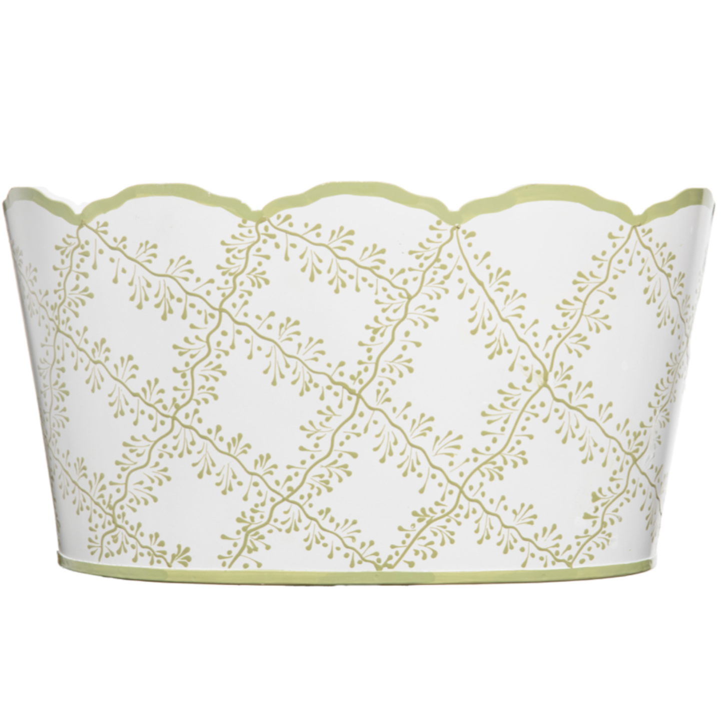 White & Green Trellis Scalloped Planter
