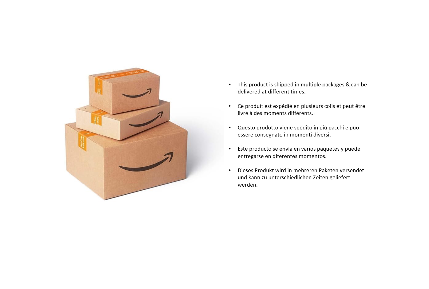 Stacked cardboard shipping boxes on a white background with multilingual delivery notice