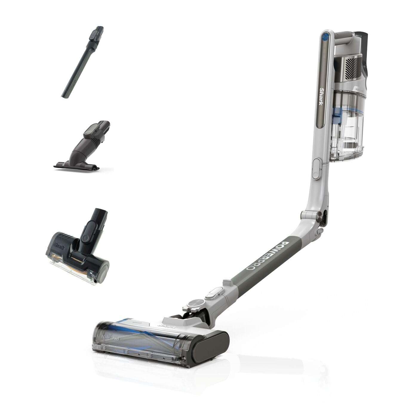 Shark cordless stick vacuum in Java Metallic with detachable motorised floorhead and three accessory tools arranged nearby.