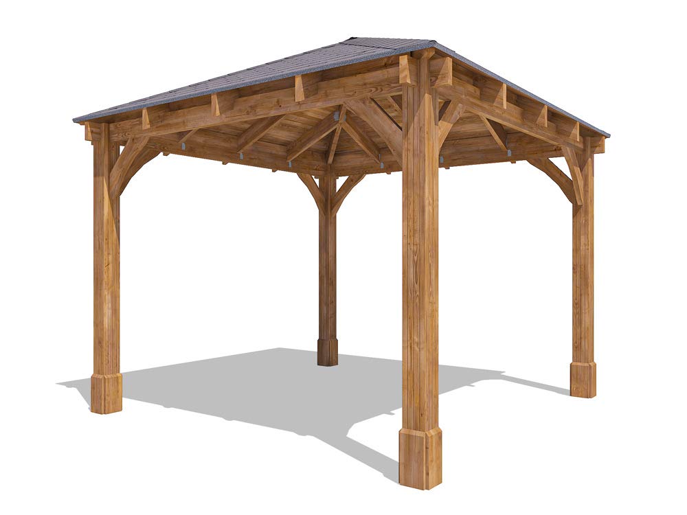 Rendered view of a wooden gazebo with pitched shingle roof, exposed rafters and four thick timber posts