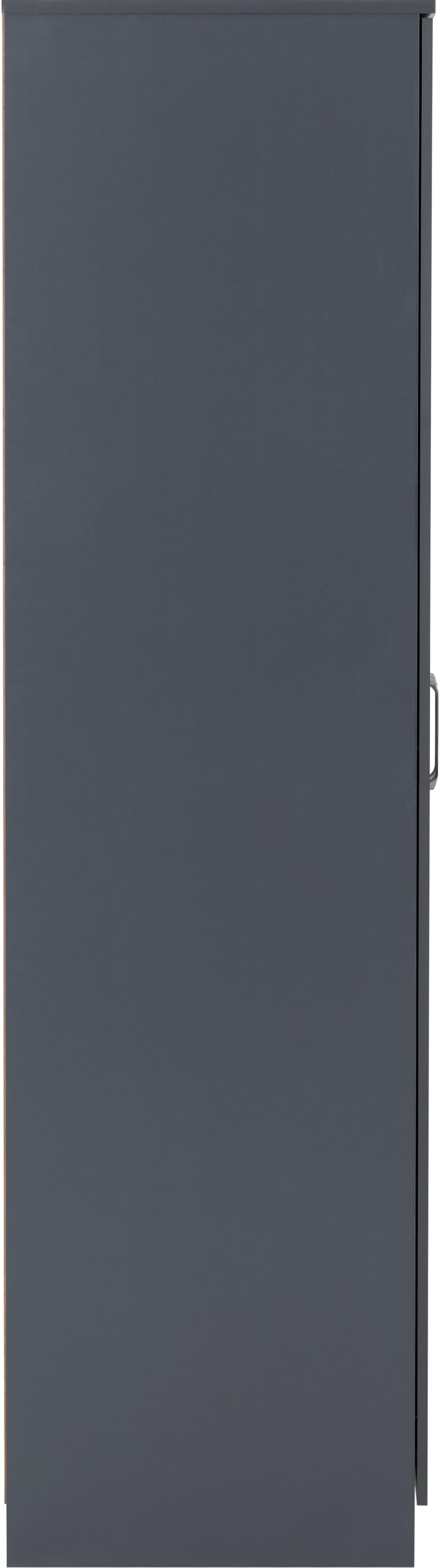 Side profile of dark grey wardrobe showing the flat side panel and a handle visible at the door edge