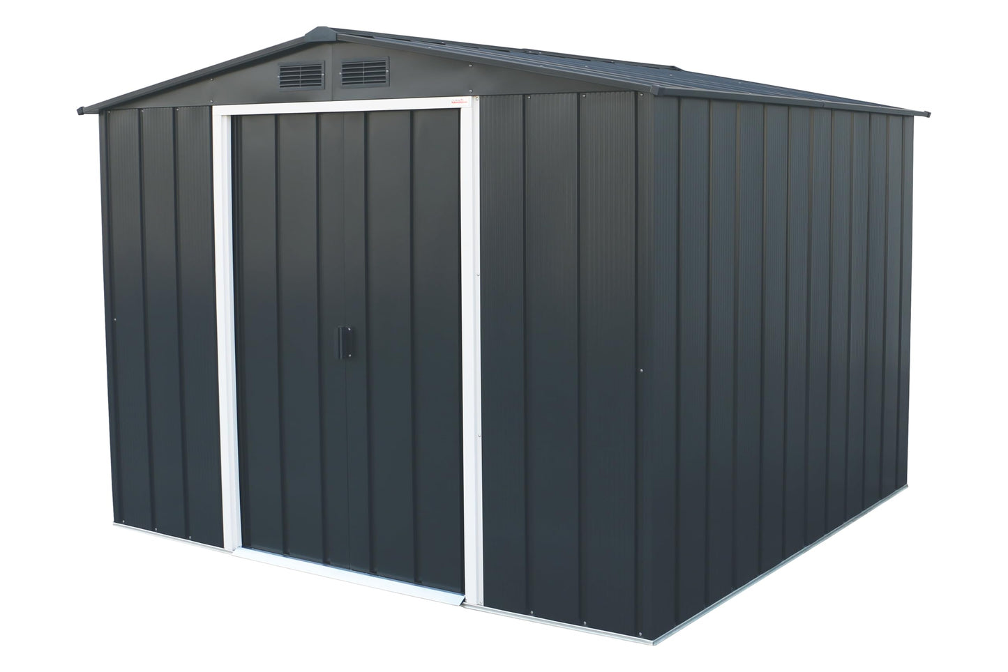Anthracite metal garden shed front corner with white-trim sliding doors and gable vents