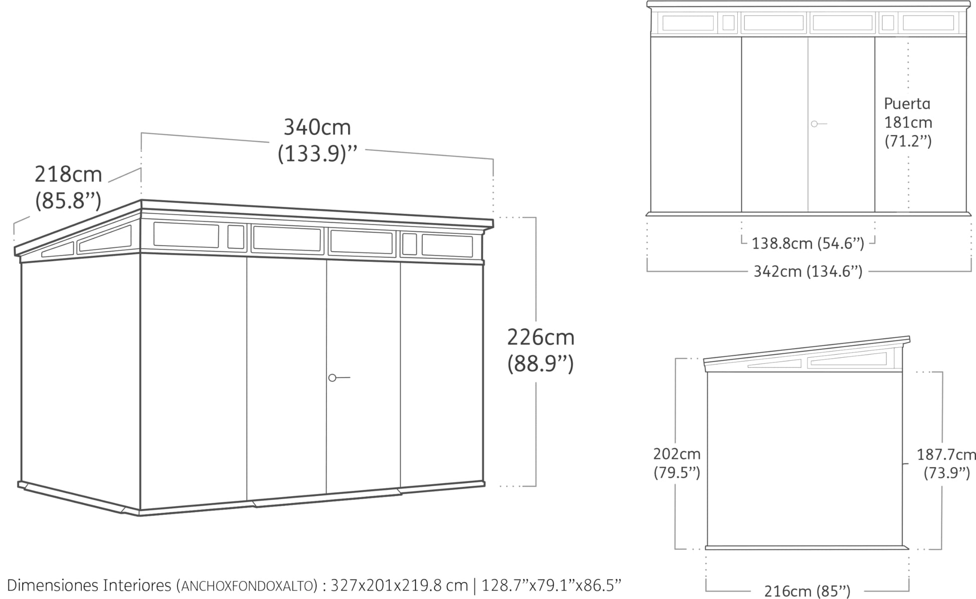 Technical line drawing of the shed showing multiple views and dimensional measurements