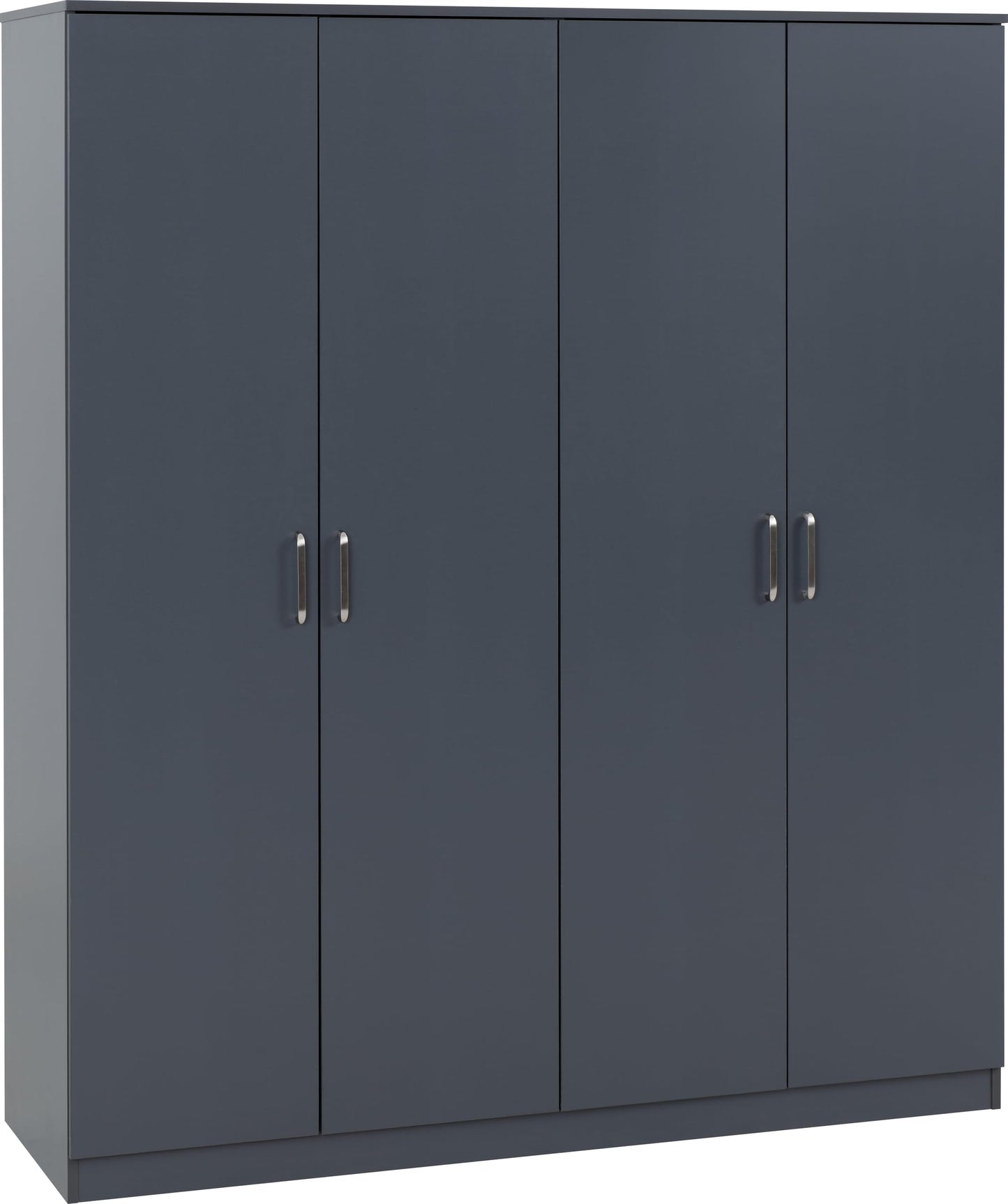 Front view of dark grey four-door wardrobe with slim vertical metal handles and minimalist flat top