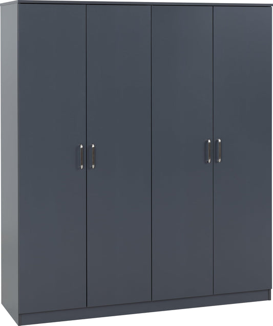 Front view of dark grey four-door wardrobe with slim vertical metal handles and minimalist flat top