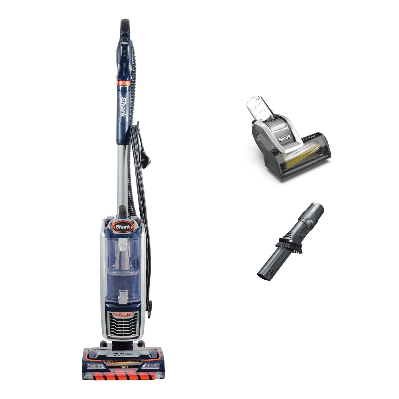 Shark upright vacuum with clear dust cup, shown beside a motorised pet tool and a crevice/dusting brush on a white backgro…