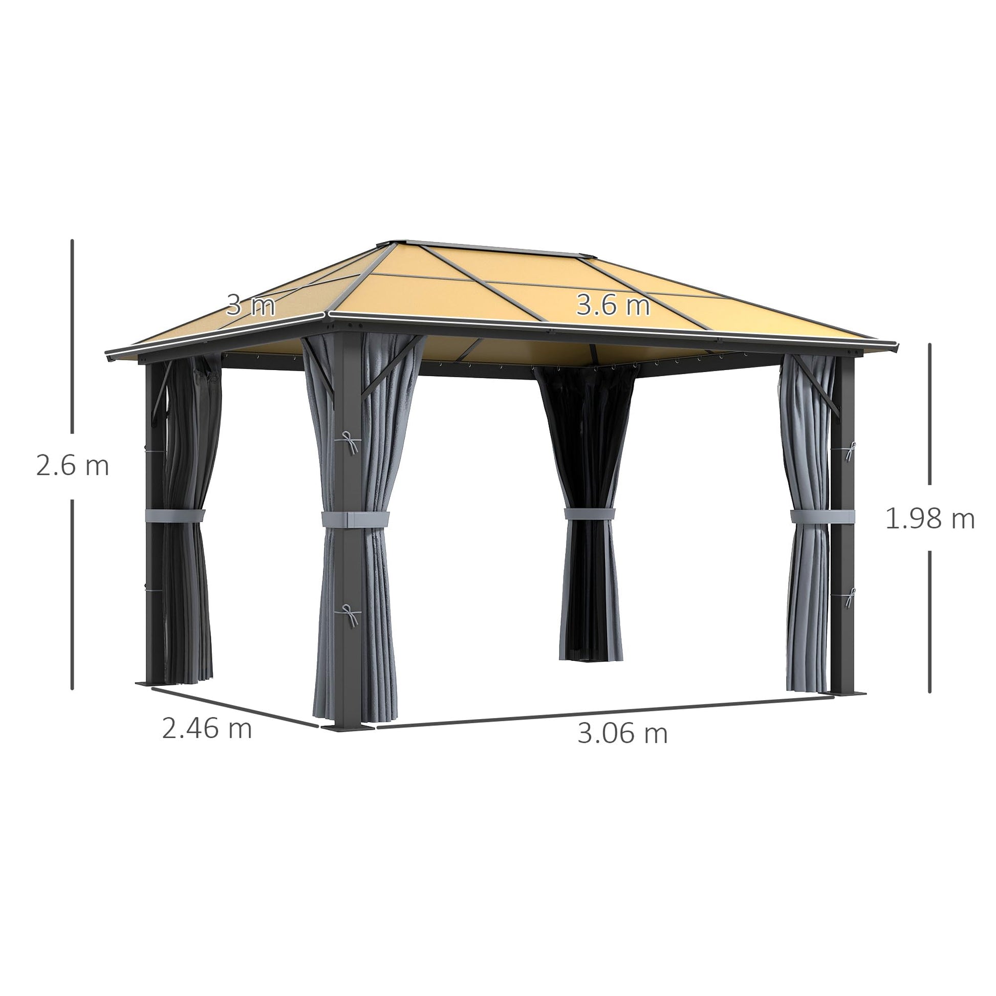 Perspective of gazebo with dimension overlays (3.6m × 3m) and posts wrapped with tied curtains