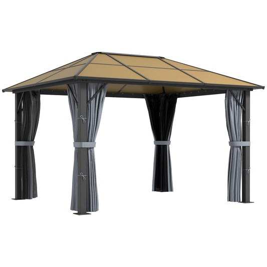 Tan polycarbonate hardtop roof with dark grey metal frame and tied grey curtains on corner posts