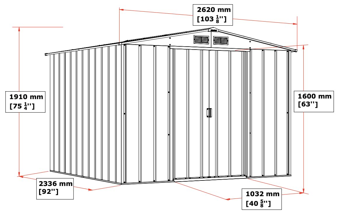 Technical line drawing of the shed with red arrows and labels showing external dimensions in mm and inches
