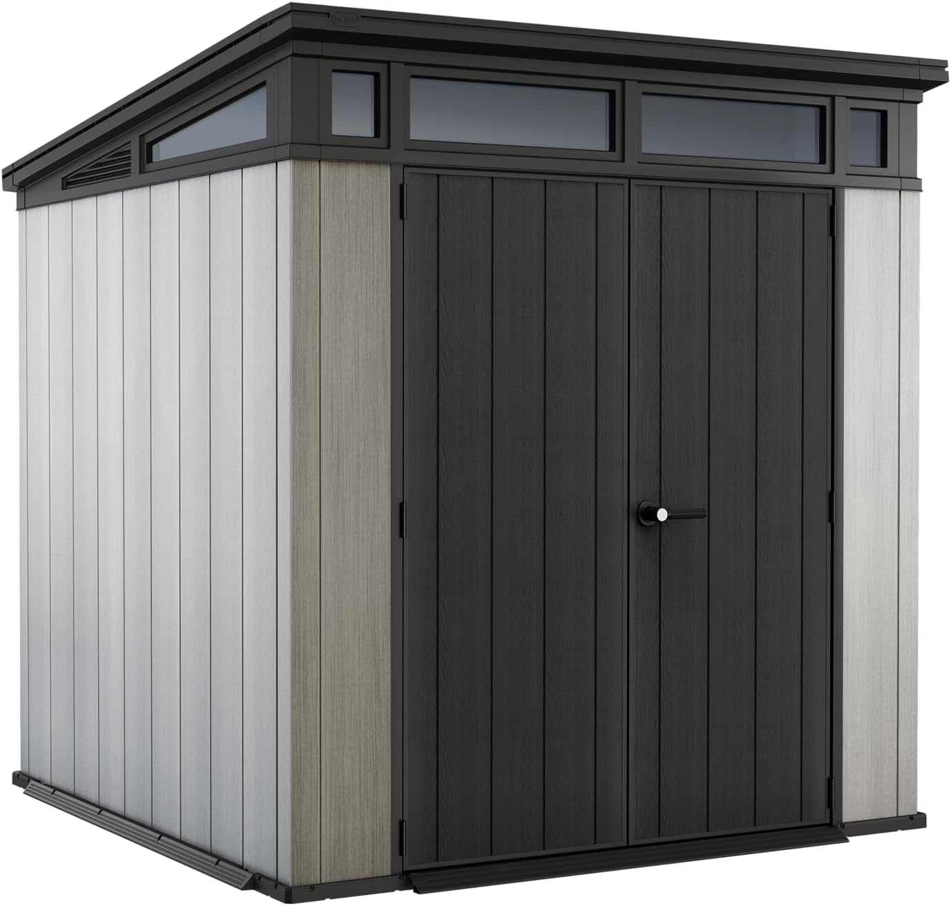 Close-up of shed front corner with black double doors, grey wood‑look side panels and clerestory windows.