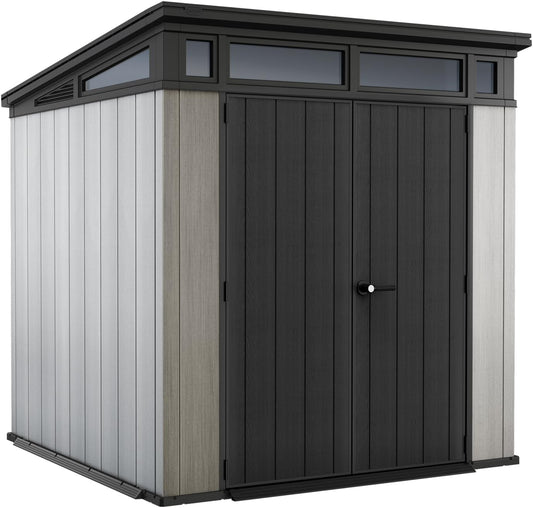 Close-up of shed front corner with black double doors, grey wood‑look side panels and clerestory windows.
