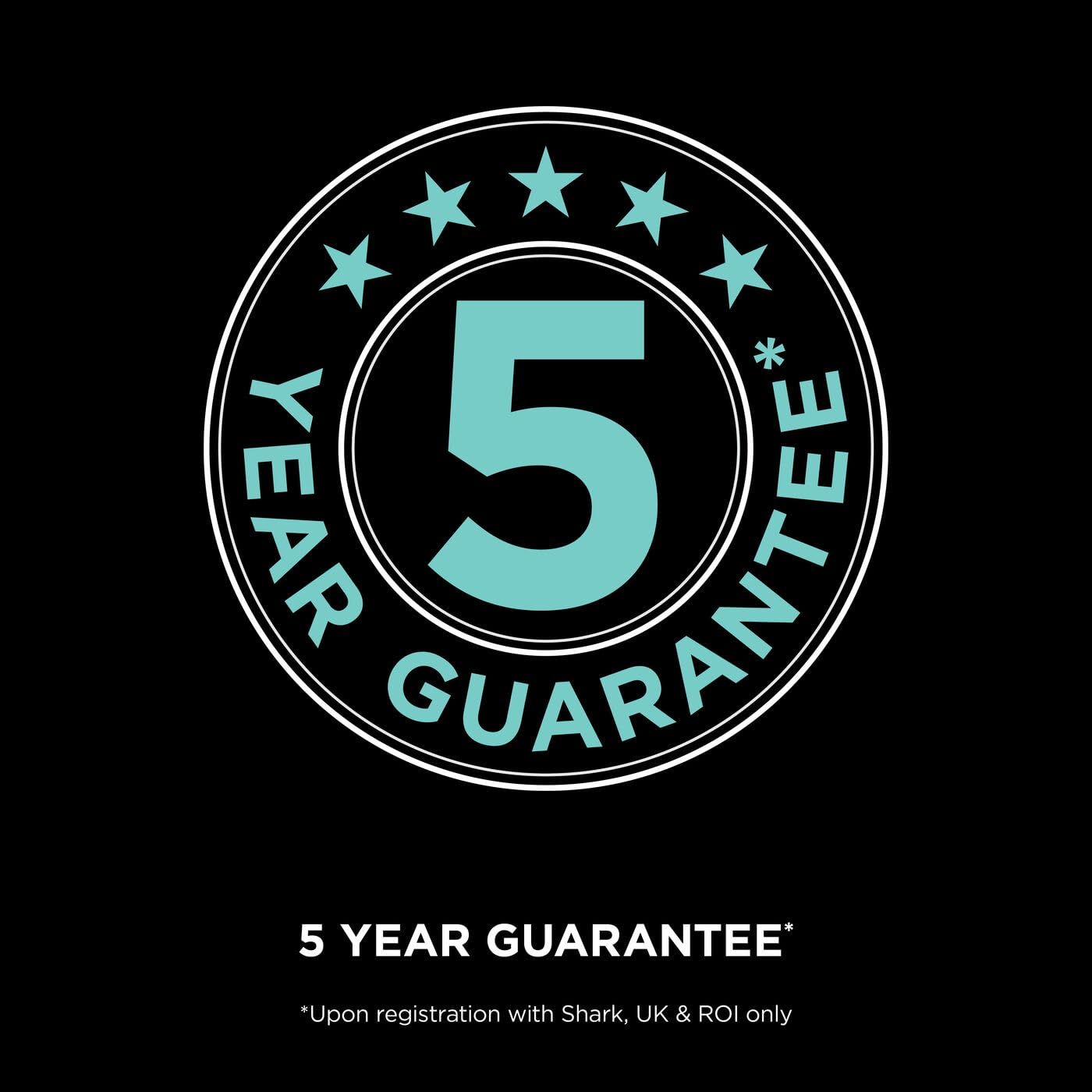 Teal circular badge reading '5 Year Guarantee' on a black background.