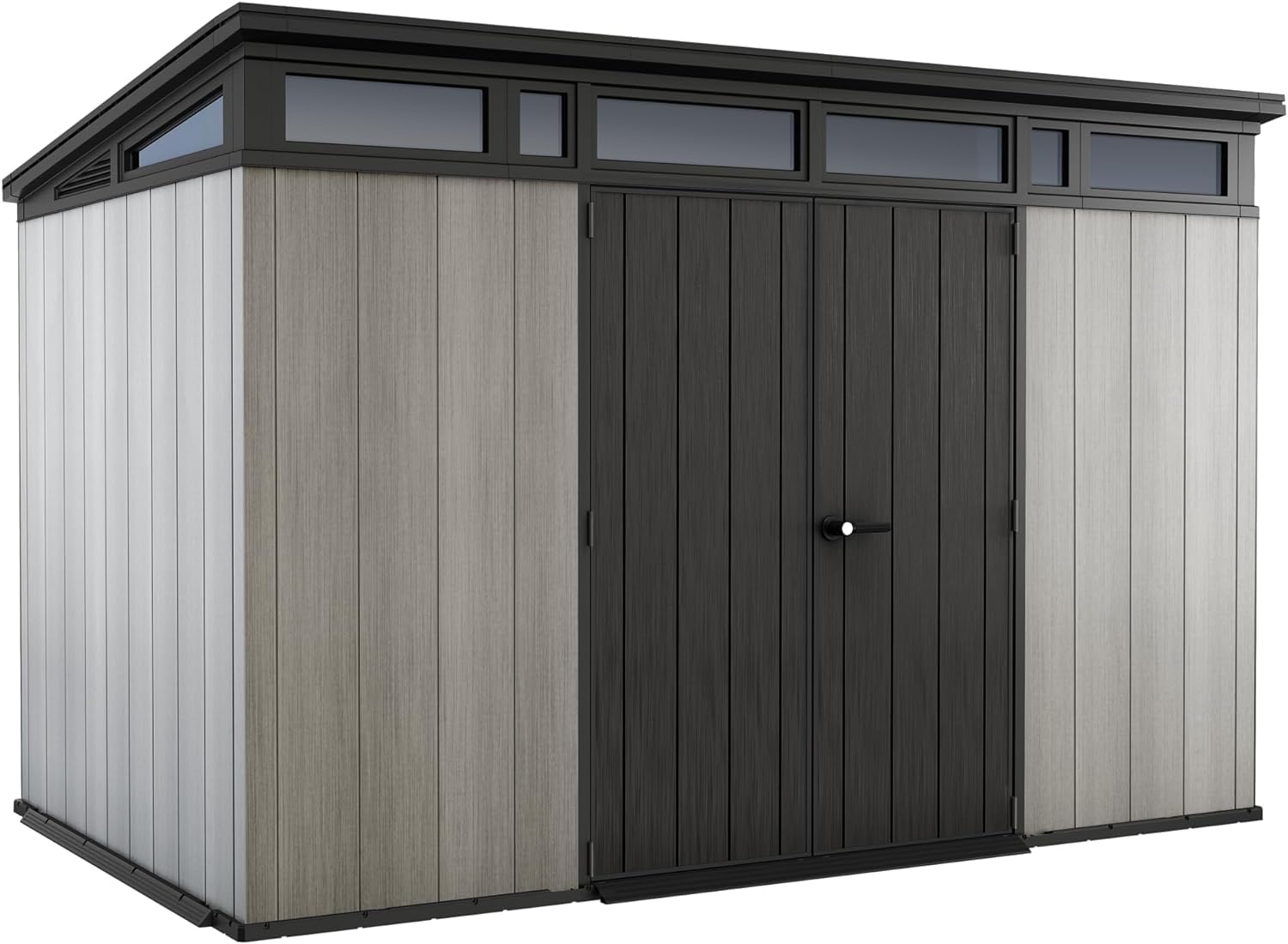 Front view of grey Duotech wood‑look shed with dark double doors, transom windows and sloped pent roof