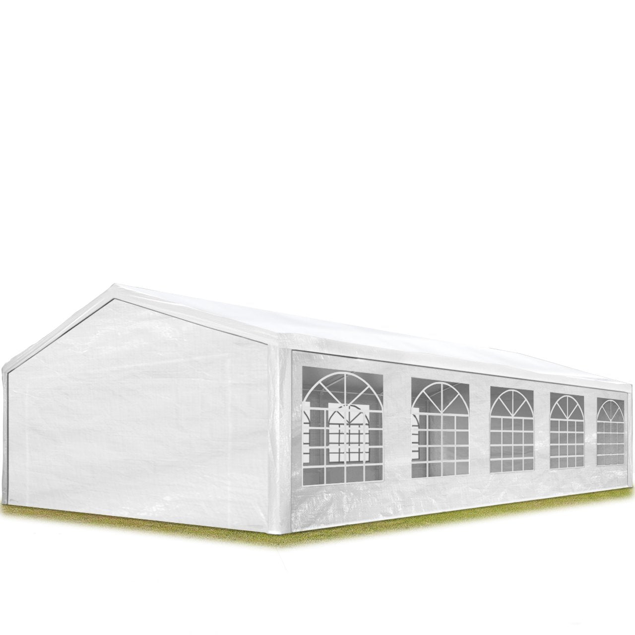 White 5x10 m marquee from front-left showing gable end and arched window side panels on grass