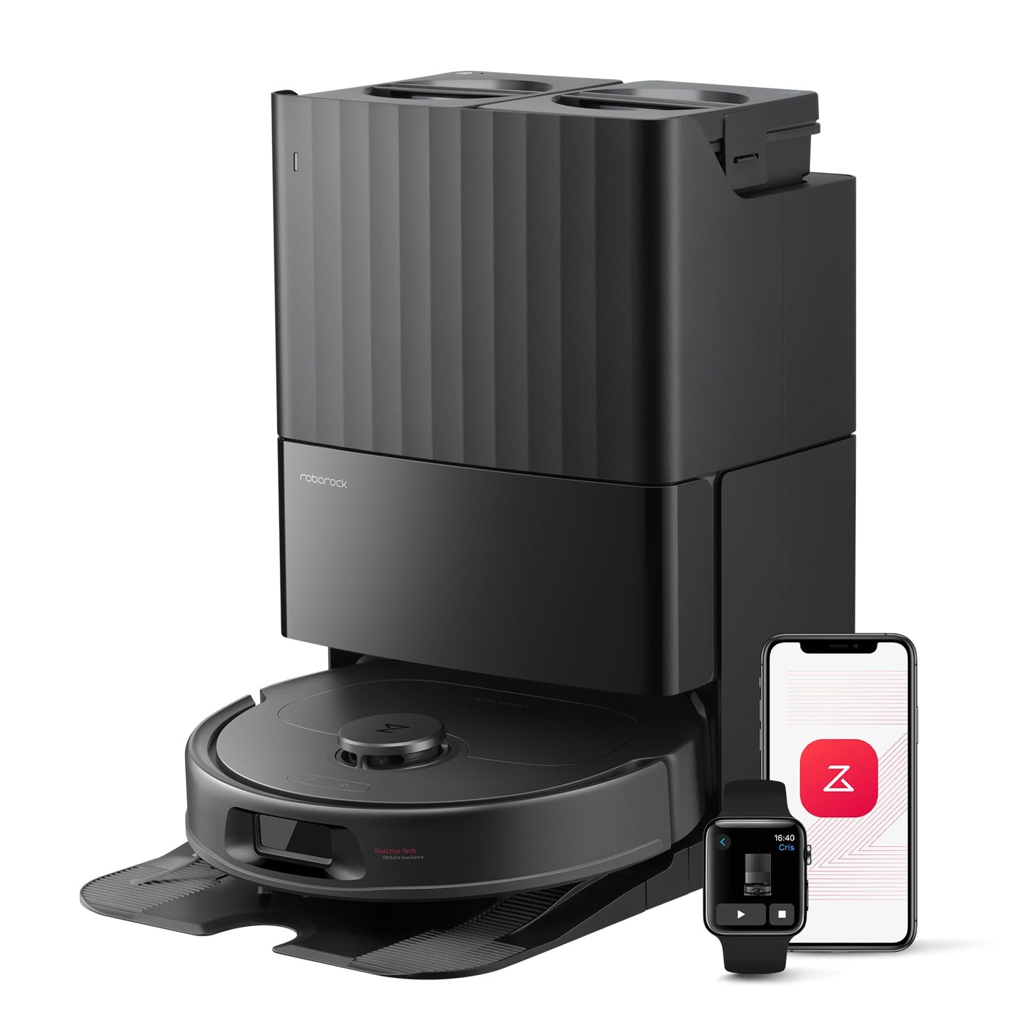 Close-up of the Roborock multifunction dock on top of the robot vacuum, shown with a smartphone and smartwatch displaying …