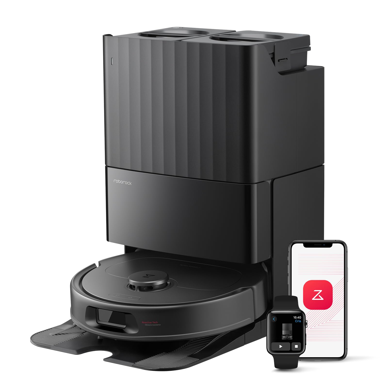 Close-up of the Roborock multifunction dock on top of the robot vacuum, shown with a smartphone and smartwatch displaying …