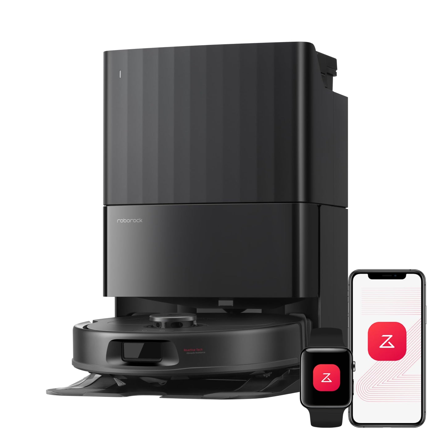 Close-up of a tall black self-cleaning dock atop the robot vacuum with smartphone and smartwatch showing the companion app