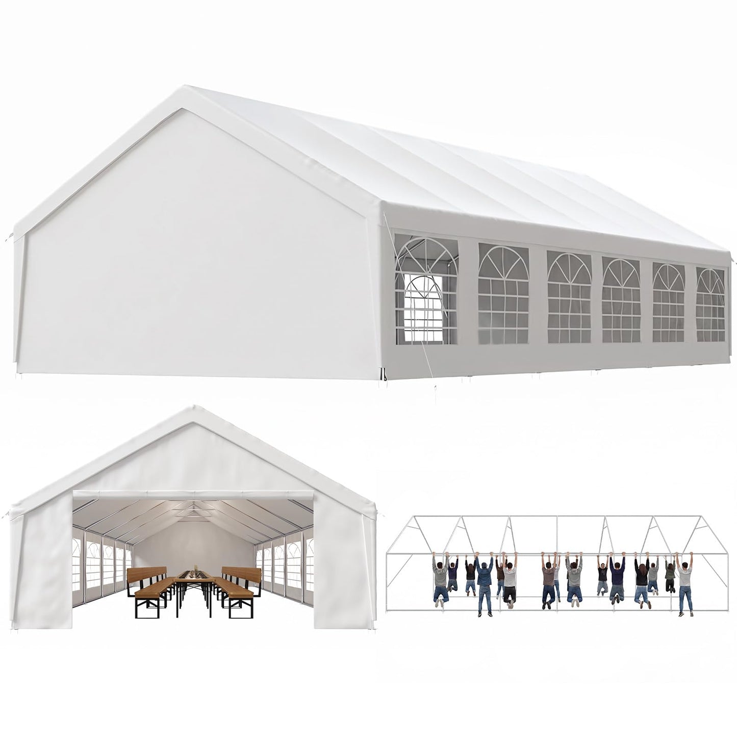 Composite layout of the white marquee: side view with arched PVC windows, interior banquet scene, and frame strength diagram.