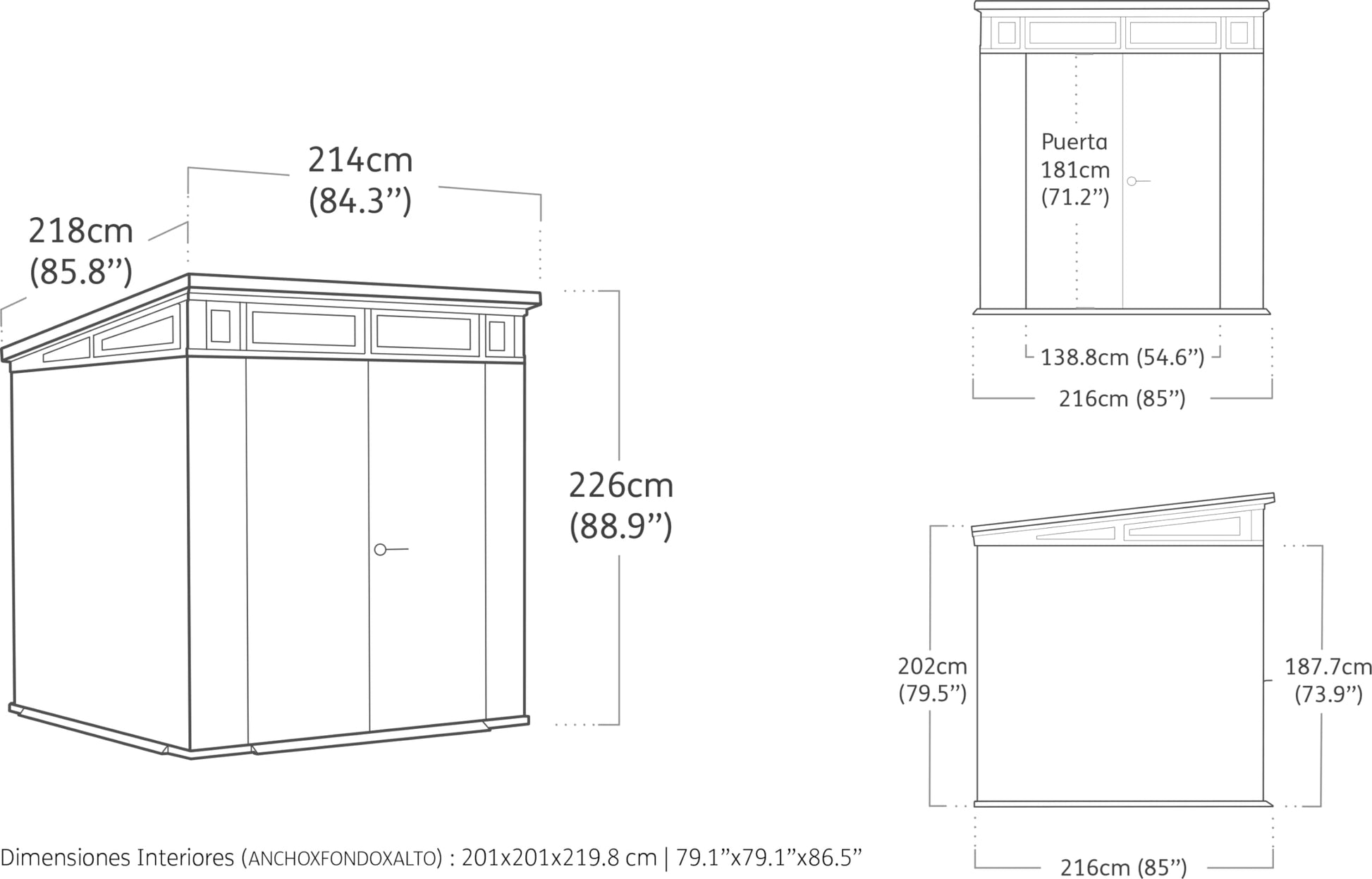 Black-and-white technical drawings showing shed elevations and dimensions in cm and inches.