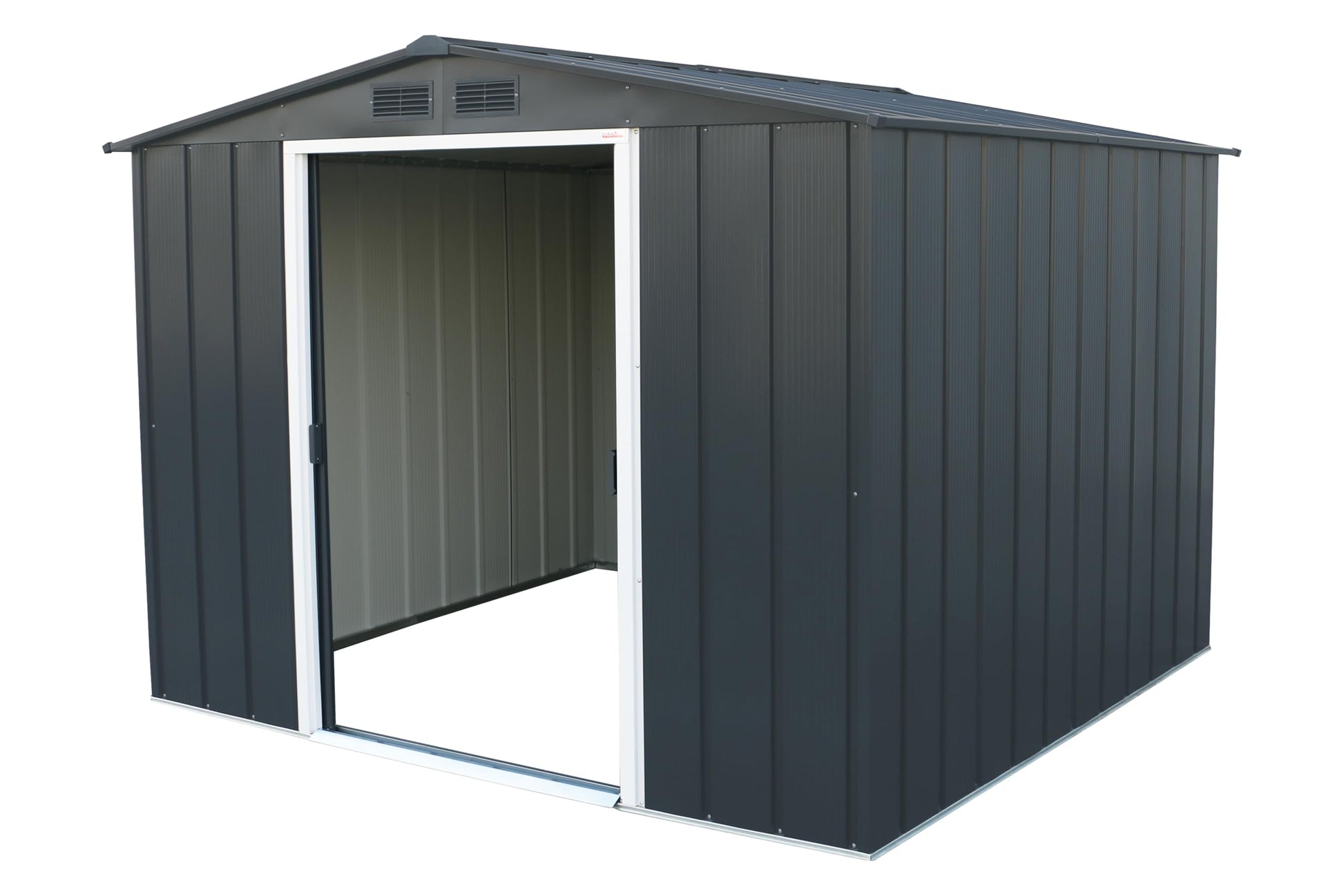Angled view of anthracite metal shed with one sliding door open revealing the empty light-colored interior