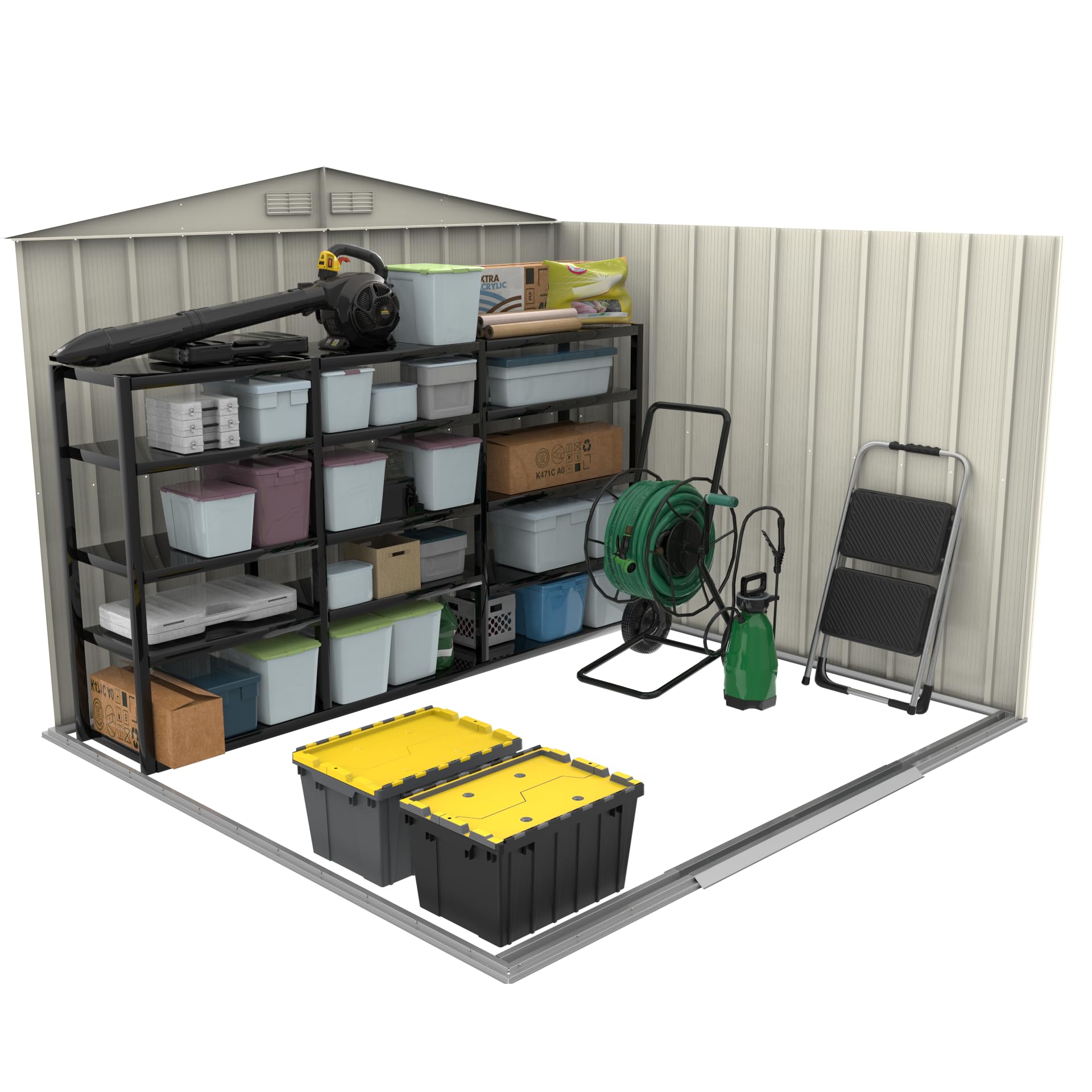 Interior shelving loaded with plastic storage tubs, a leaf blower, hose reel and a foldable step ladder