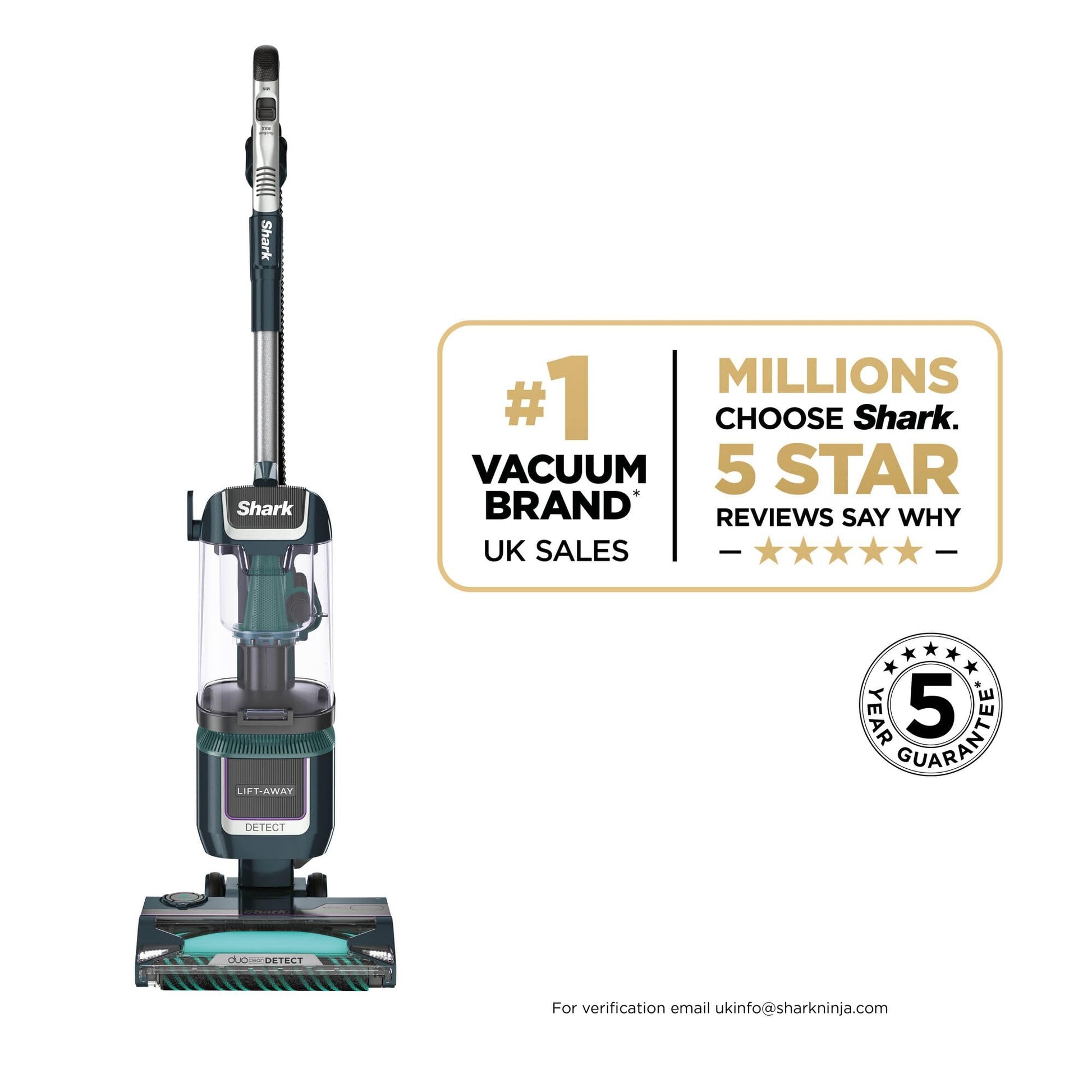 Front view of upright Shark vacuum showing Lift‑Away pod and DuoClean Detect brush head