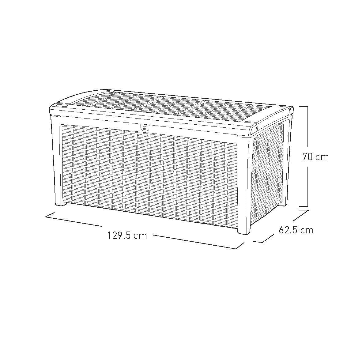 Line drawing diagram of the storage box with dimensions 129.5 × 62.5 × 70 cm (L × W × H)