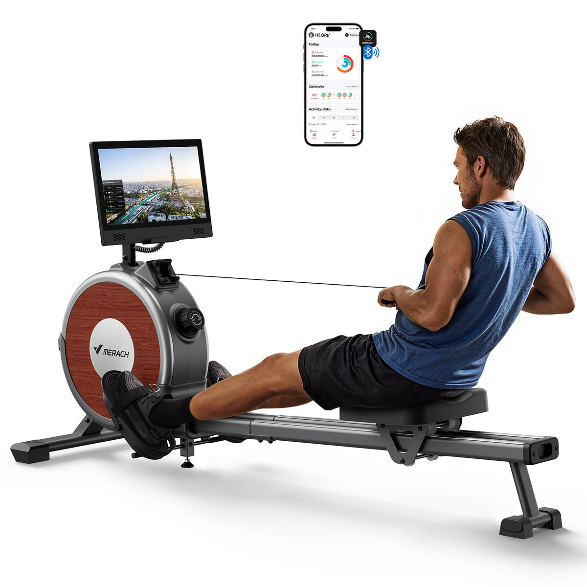 MERACH Magnetic Rowing Machine with 15.6" HD Screen, 16 Resistance Levels, Dual Slide Rails, 158kg Capacity