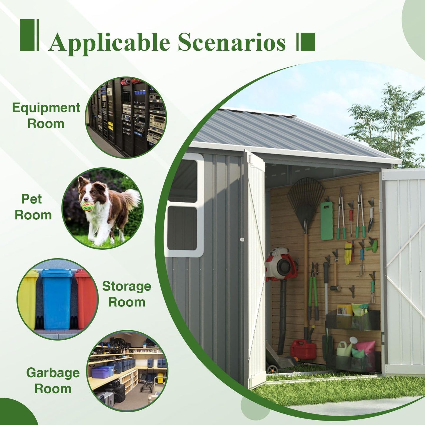 BIRCHTREE Garden Shed Steel Apex Roof House Outdoor Backyard Storage With Lockable Double Doors Window Free Foundation Tool Equipment Organizer Air Vents 10x8FT Grey