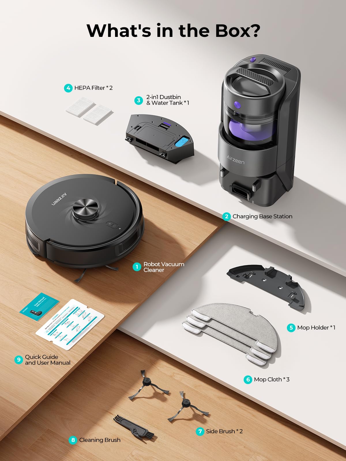 Flat-lay of box contents: robot vacuum, charging base, 2-in-1 dustbin/water tank, HEPA filters, mop holder and accessories