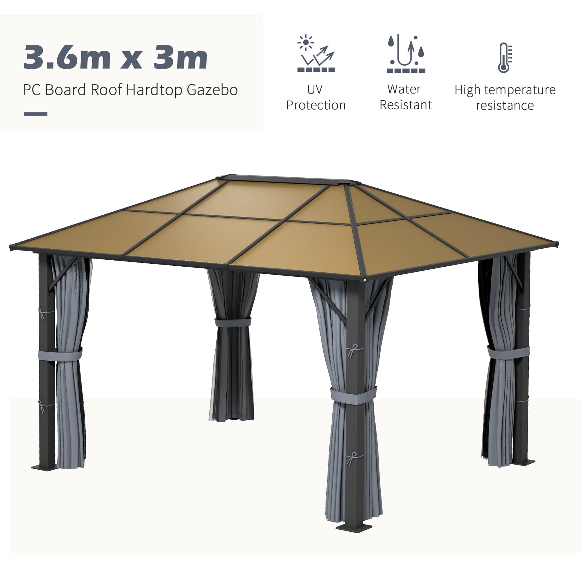 Front view of gazebo roof panels and corner posts with tied curtains, labelled 3.6m x 3m in the image