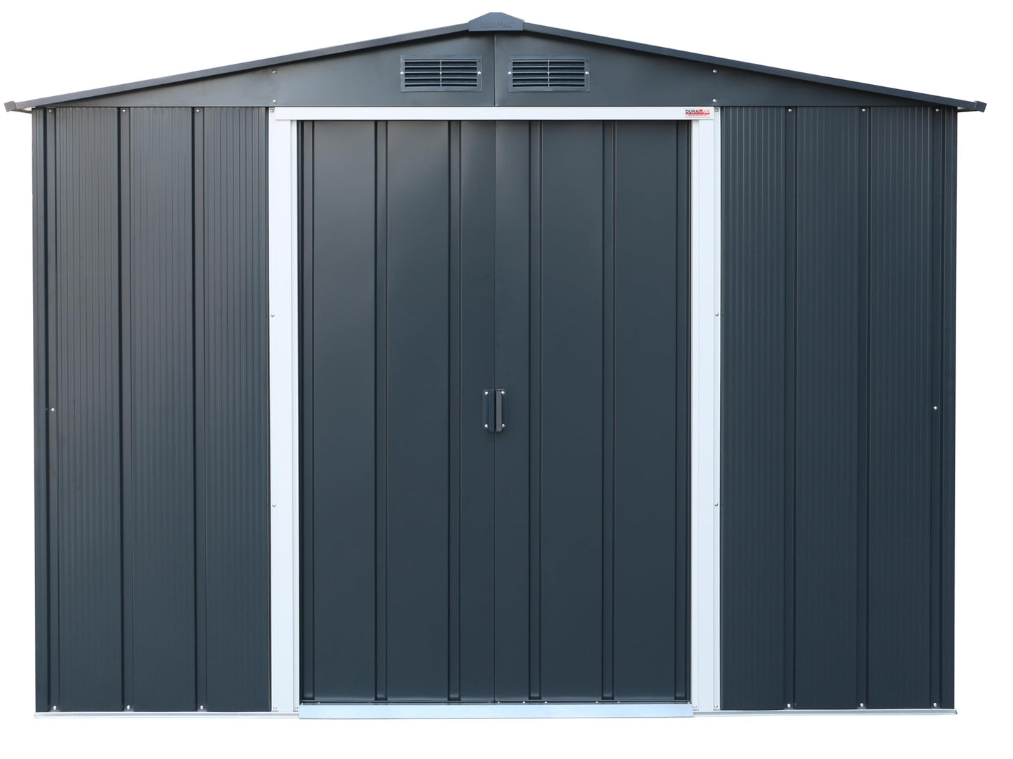Front elevation of anthracite shed with centered double sliding doors, white door frame and twin roof vents