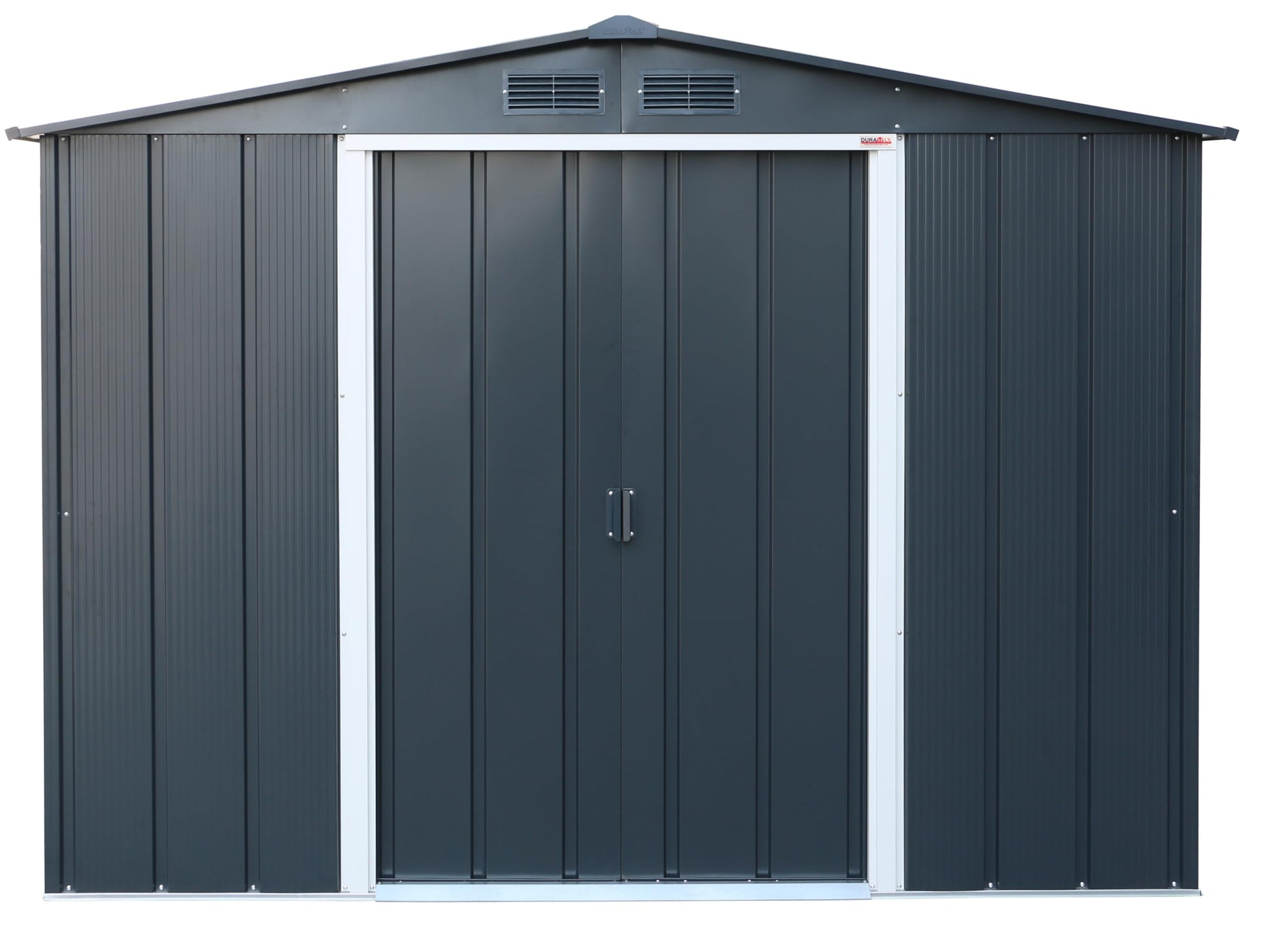 Front elevation of anthracite shed with centered double sliding doors, white door frame and twin roof vents