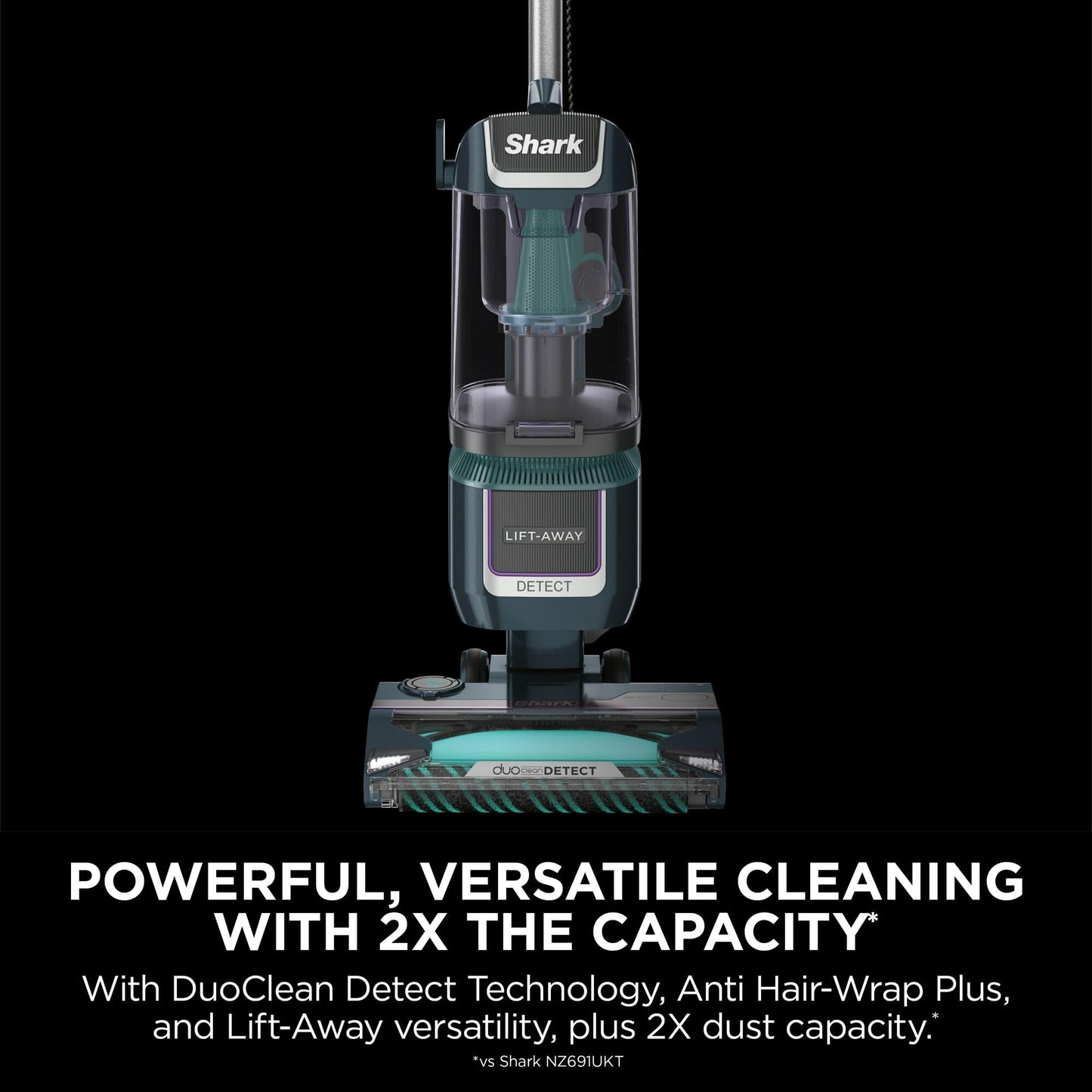 Close-up of transparent dust bin and Lift‑Away pod on Shark vacuum against a black background