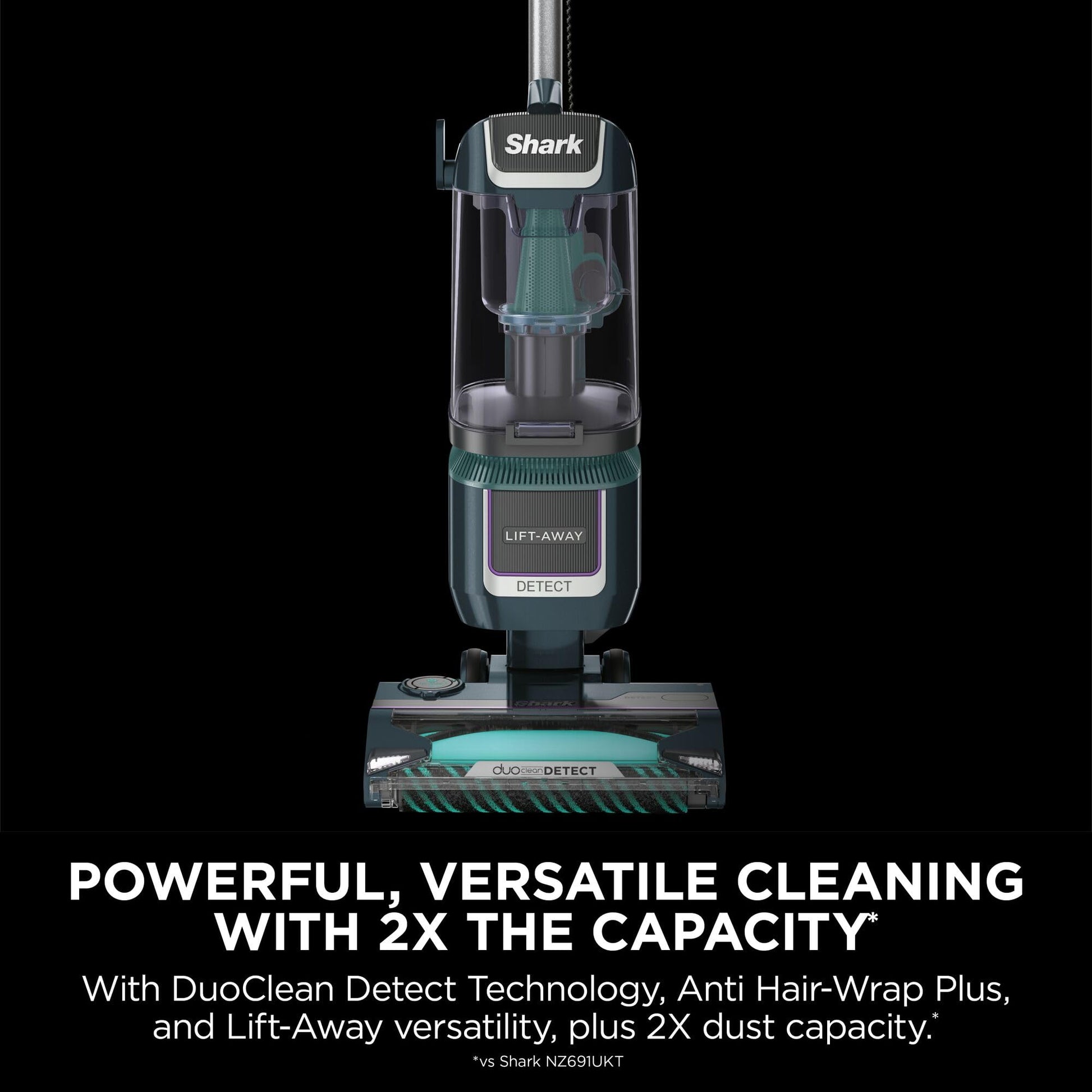 Close-up of transparent dust bin and Lift‑Away pod on Shark vacuum against a black background