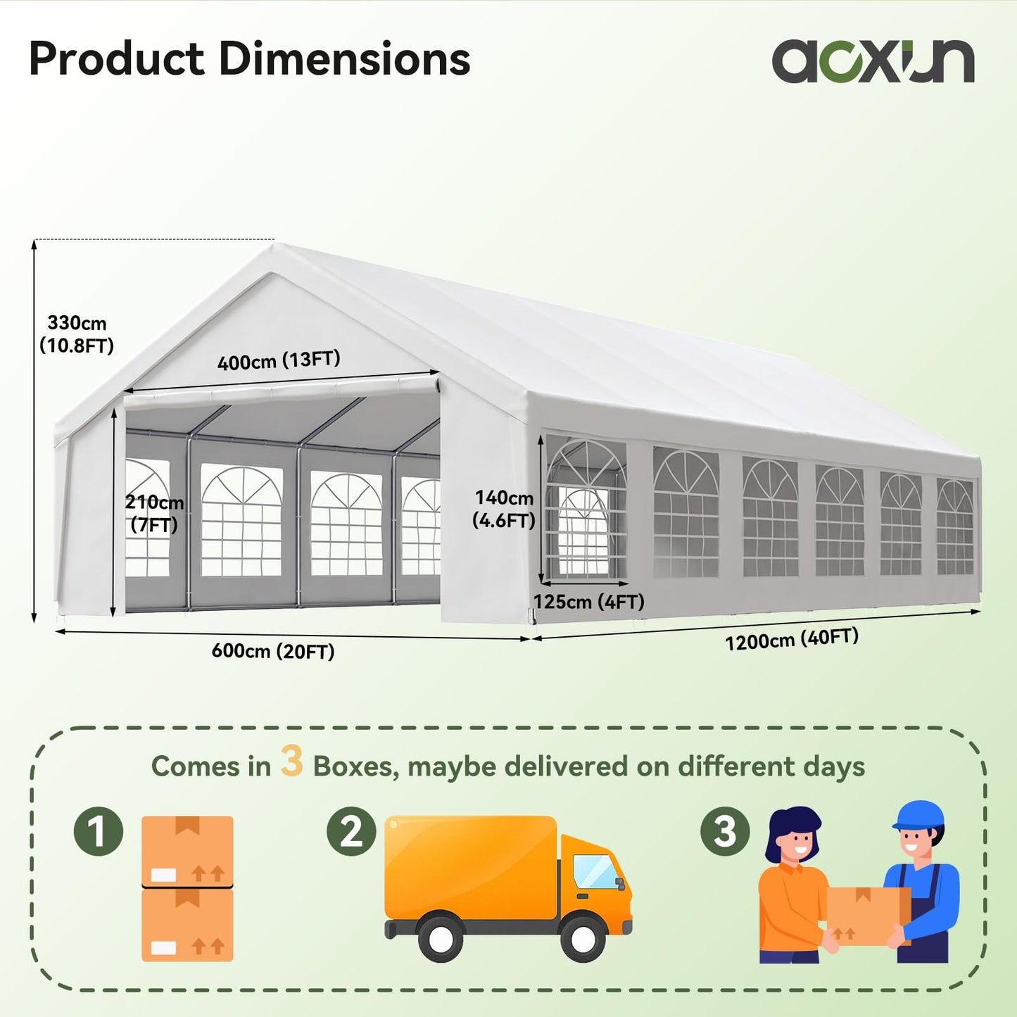 Product dimensions diagram of the marquee showing overall 40×20 ft footprint and labeled height, door and window measureme…