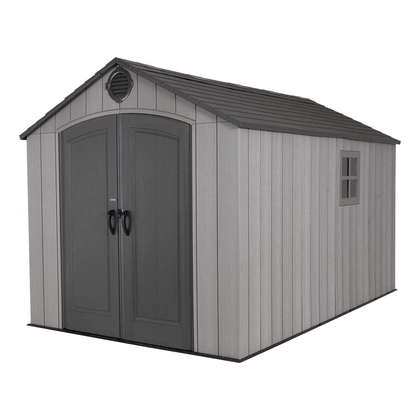 Close-up of storm dust grey shed front corner with dark double doors, circular gable vent and high‑pitched roof.