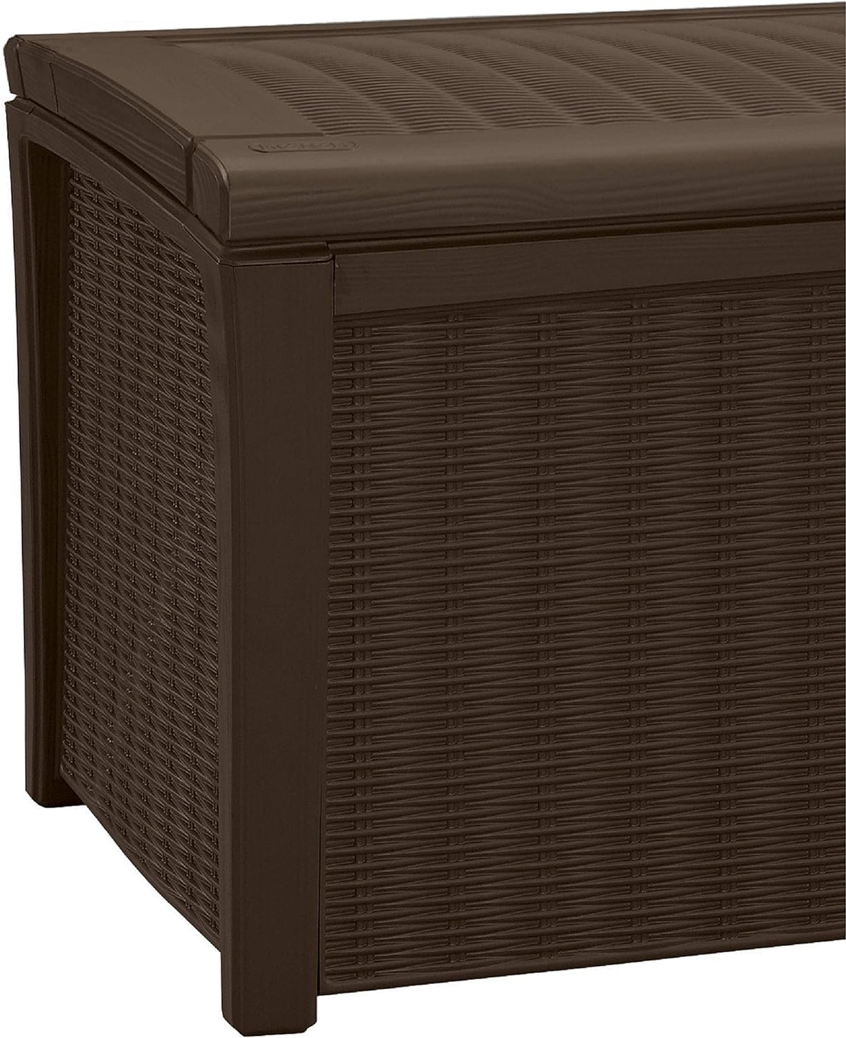 Angled close-up of the box lid and top corner showing rattan-effect finish