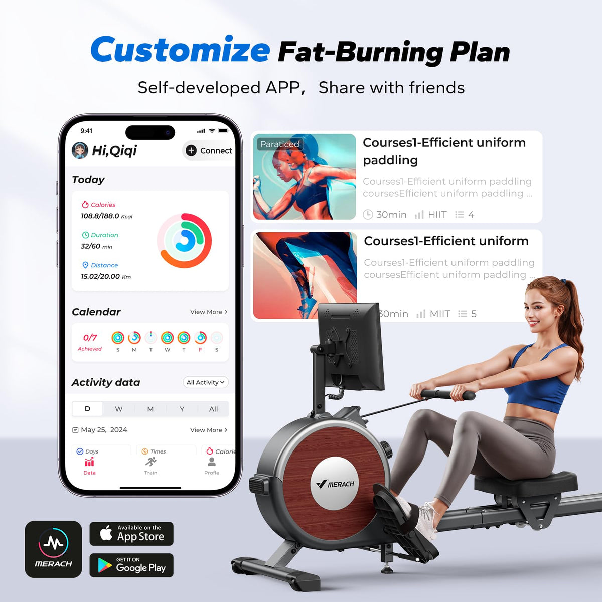 MERACH Magnetic Rowing Machine with 15.6" HD Screen, 16 Resistance Levels, Dual Slide Rails, 158kg Capacity