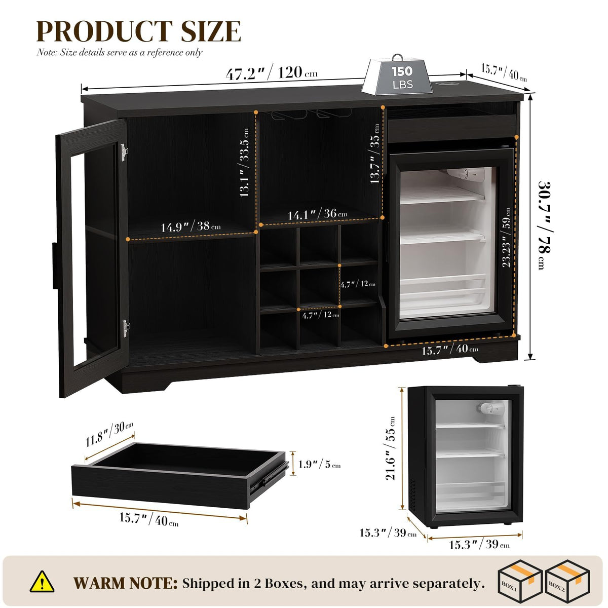 BROTTAR Wine Bar Cabinet with Fridge (Fridge Included), Drinks Coffee Cabinet with LED Lights & Rack, Mini Fridge Cabinet with Storage, Human Body Sensor, Sideboard for Kitchen Dining Room, Black