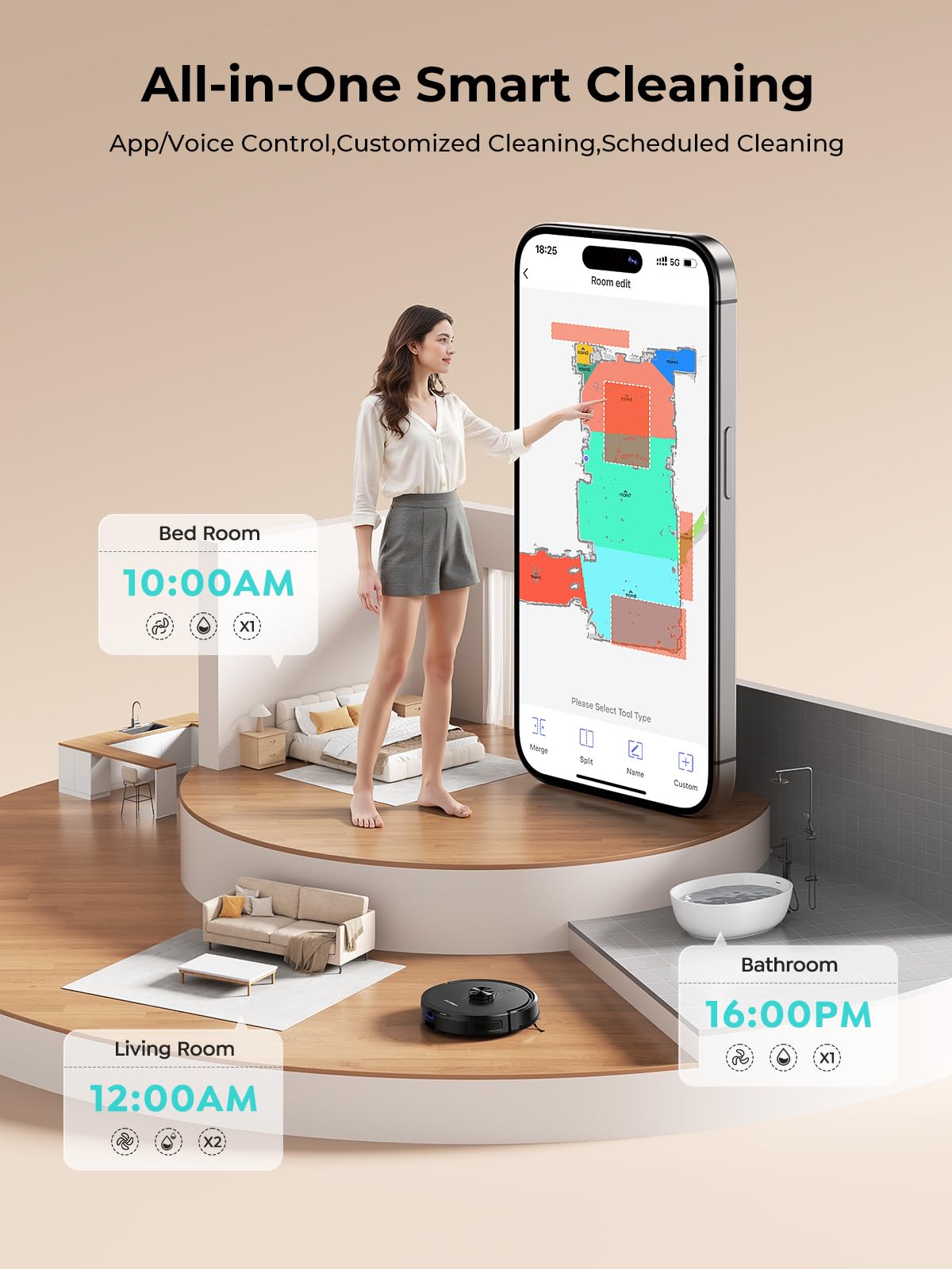 Large smartphone mockup displaying a mapped floor plan while a person points, illustrating app control and scheduled cleaning