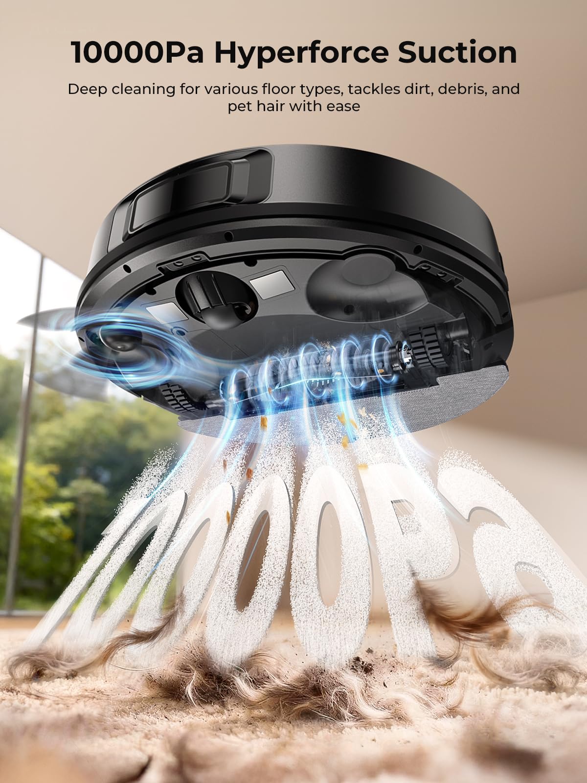 Underside view of the robot showing the roller brush, side brush and illustrated airflow suction lifting debris from carpet