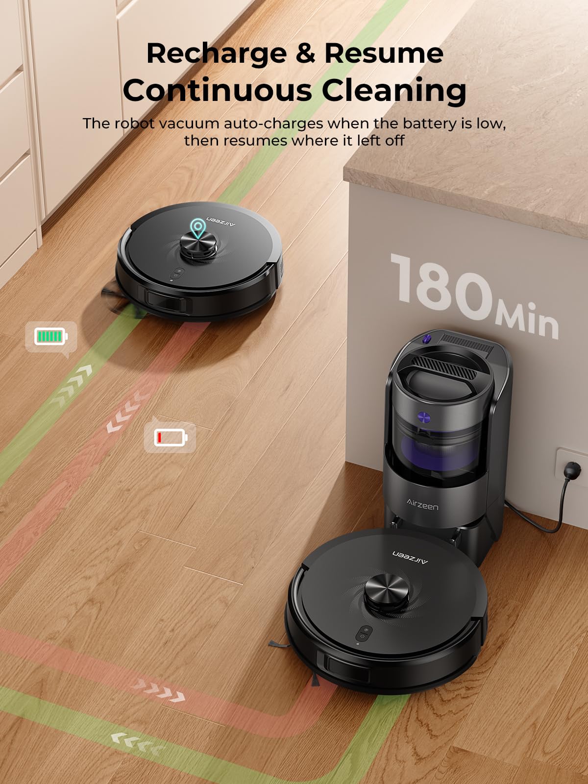Robot returning to its charging base along colored path overlays, demonstrating auto-recharge and resume cleaning